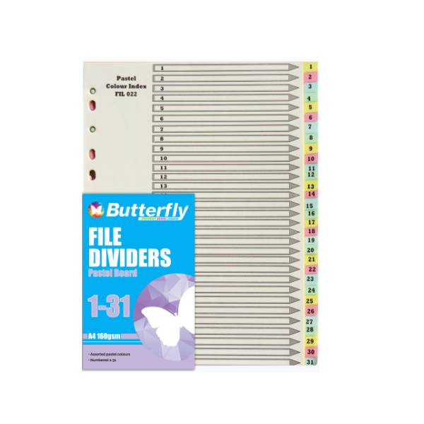 Butterfly A4 File Dividers Pastel Board 31 Tab 131 (Pack Of 5