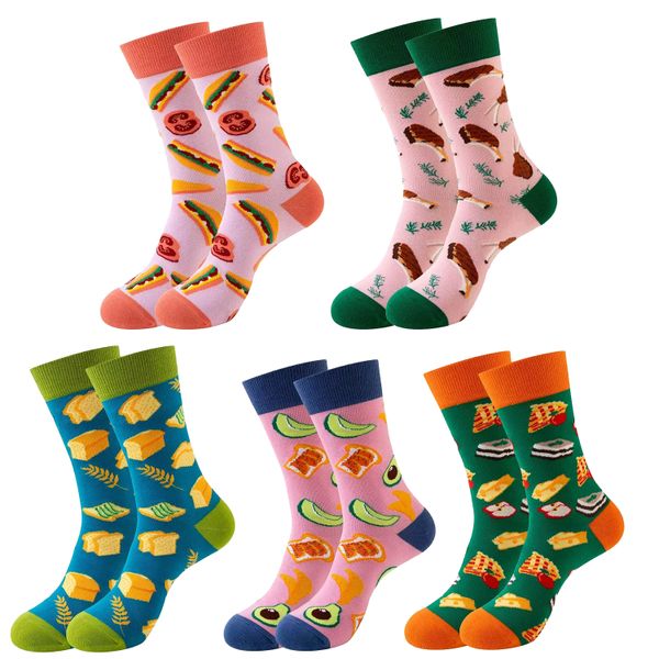 5 Pairs of Ladies' Stockings, Food Patterns, Casual Contrast Warm Socks.