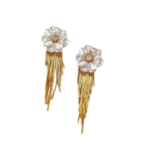 French Retro Flower Tassel Silver Needle Earrings - White Gold
