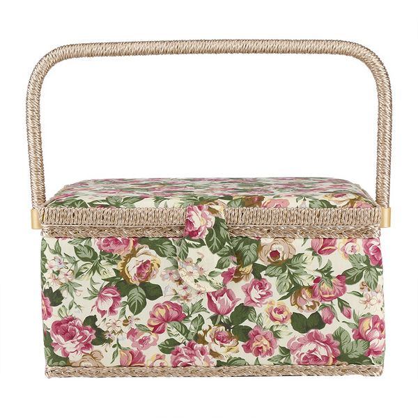 Fabric Floral Printed Sewing Basket Organizer 30.5x23x15.5cm with Handle
