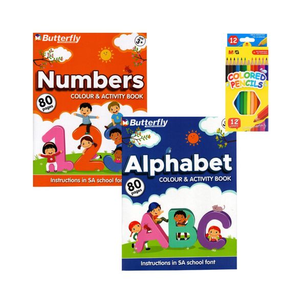 Set of 2 Learning Activity Books - Alphabet and Numbers + Colored Pencils