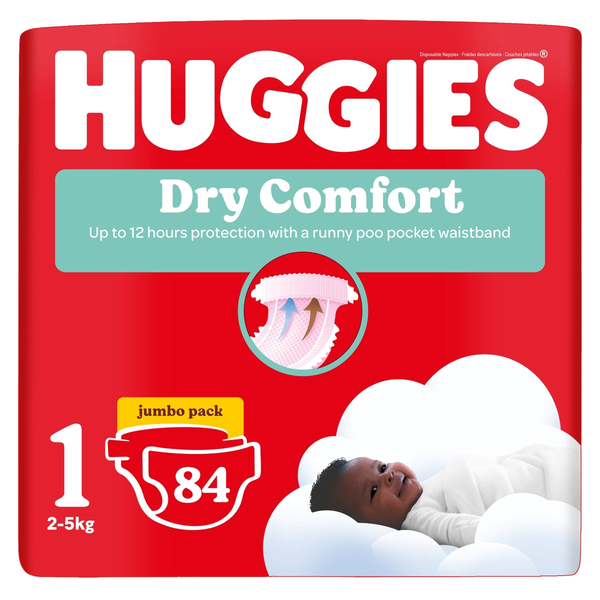 Huggies Dry Comfort Disposable Nappies - Size 1 84 Nappies Jumbo Pack