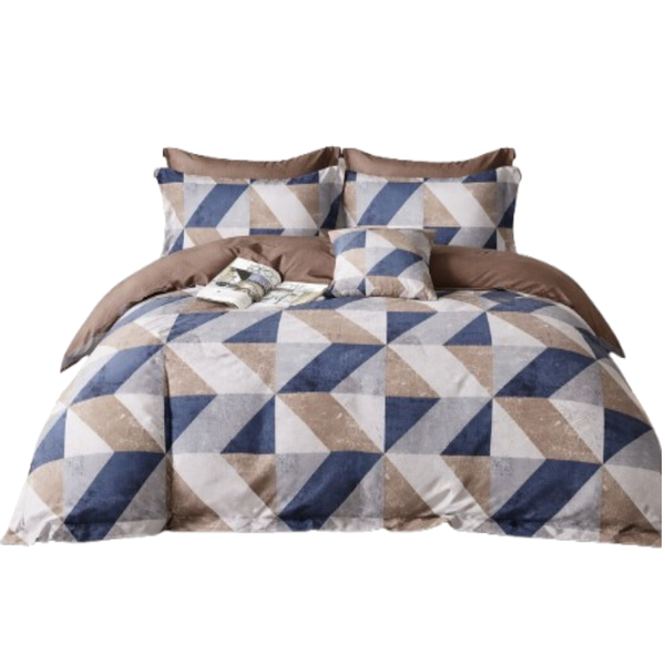 Linen Boutique - Duvet Cover Set Reversible-BrownBlueGeometric