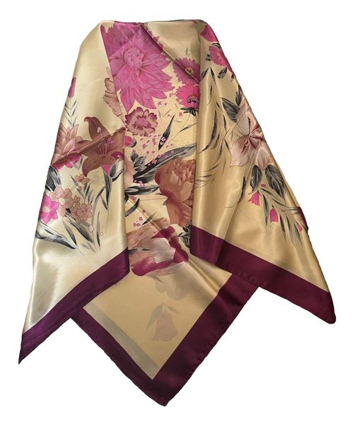 Lady's Satin Silk Scarf with Assorted Flowers - Cream /Purple
