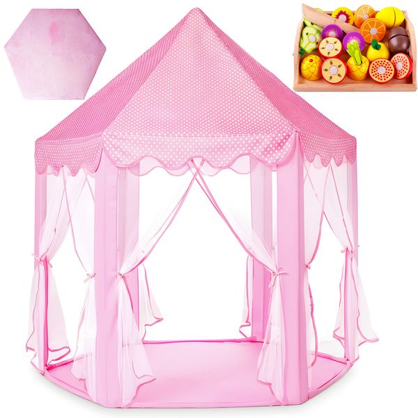 Girls Castle Large Play Tent - Kids Playhouse with Play Rug &amp; Fruit Toy Set