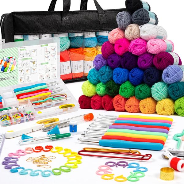 111 Piece Crochet Hooks Kit With Yarn And Knitting Accessories Set