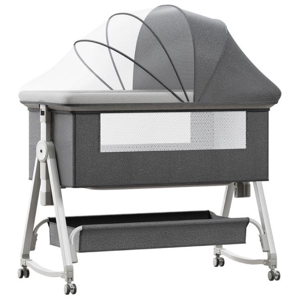 Baby Bedside Sleeper Crib with Adjustable Height, Wheels &amp; Mosquito Net