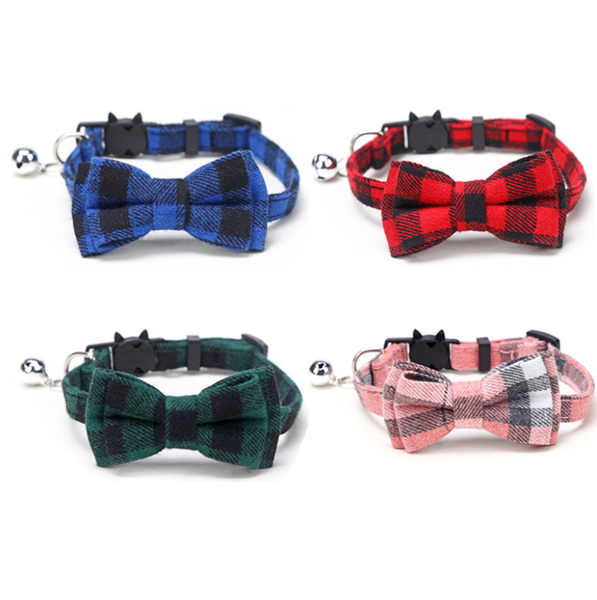 4PCS Fashion Plaid Bow Cat Collar With Bell, Cat Buckle, Small Dog Collar