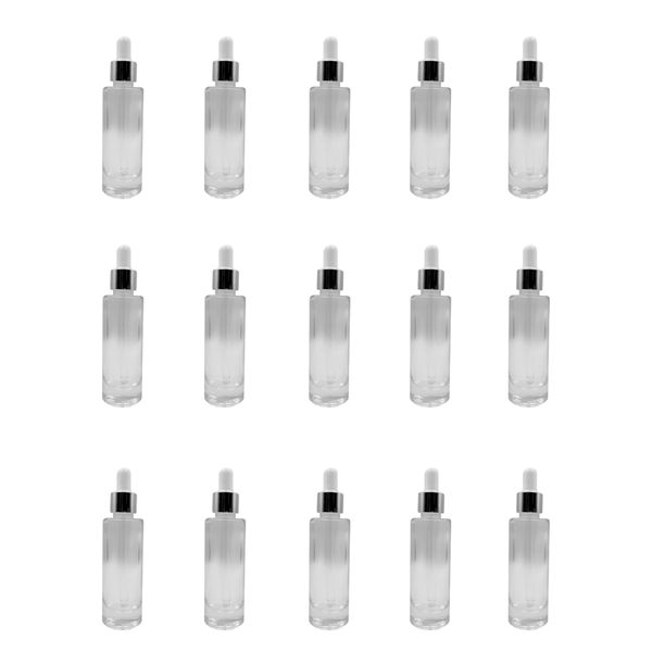 15 Pack - 30ml Clear Glass Bottles with White Dropper &amp; Silver Collar