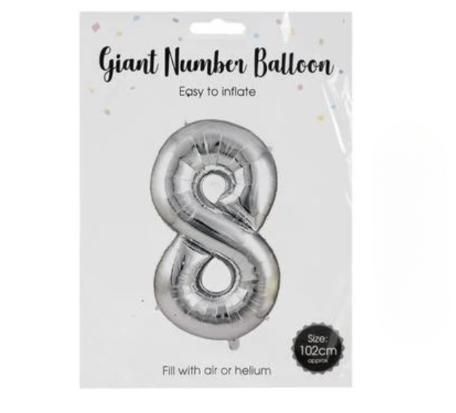 Helium-Ready 102cm Foil Balloon - Shiny Silver Number 8