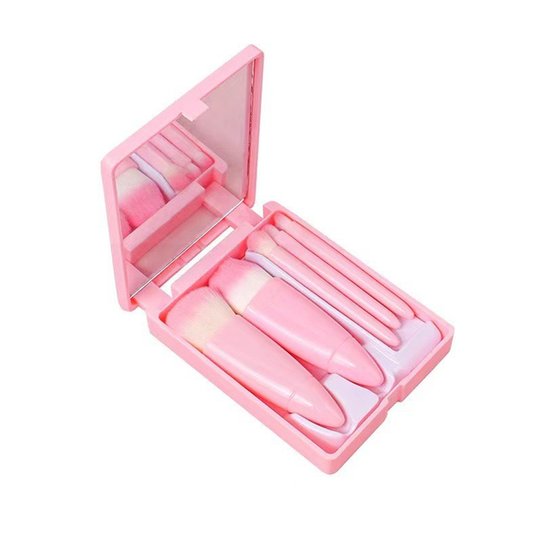 Portable Mini Travel Makeup Brush Set With Box And Mirror - 5 Brushes