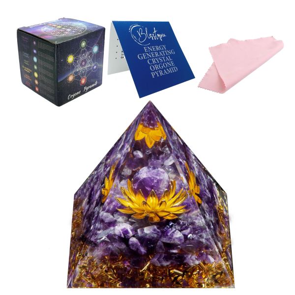 Orgone Crystal Pyramid Amethyst &amp; Lotus-Enlightenment Intelligence Peace