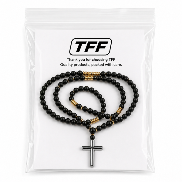 TFF Black Beaded Cross Pendant Necklace for Men
