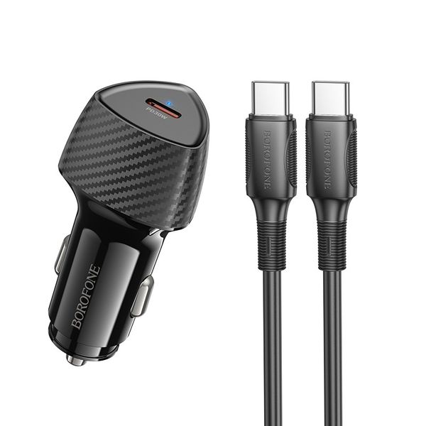 30W PD Fast Car Charger with USB-C Port + Type-C to Type-C Cable - Black