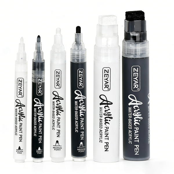 ZEYAR - (6 Pack) Black &amp; White Acrylic Paint Pen Set for Multi-Surface Art