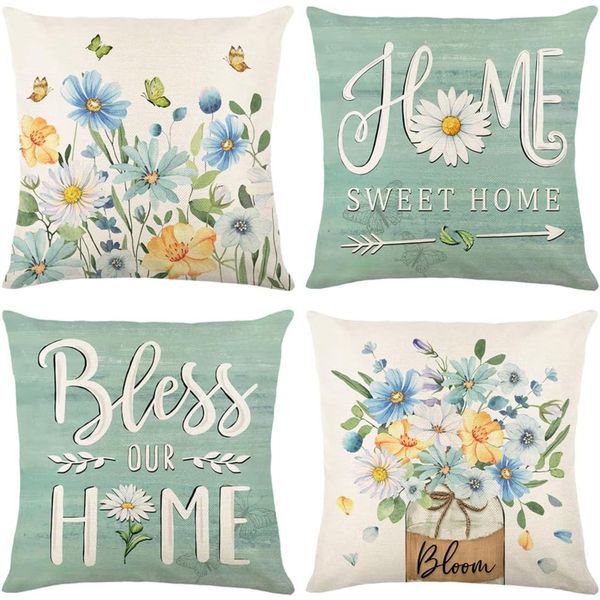 Spring Pillow Covers,Set of 4 Farmhouse Throw Pillow Covers Floral Cushion