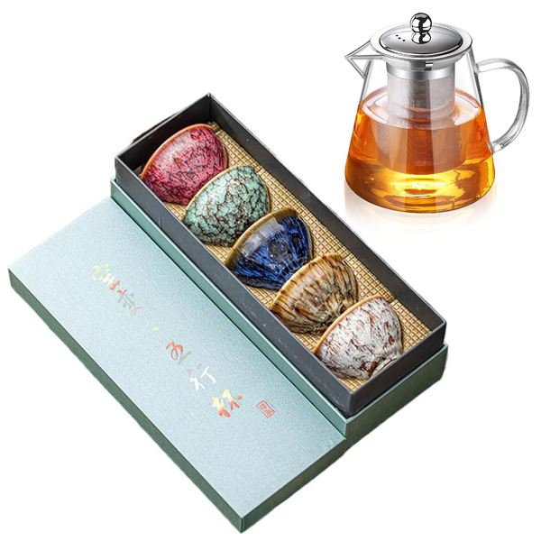 Ceramic Tea Set, 5 piece Chinese Kung Fu Tea Cup with Glass Teapot
