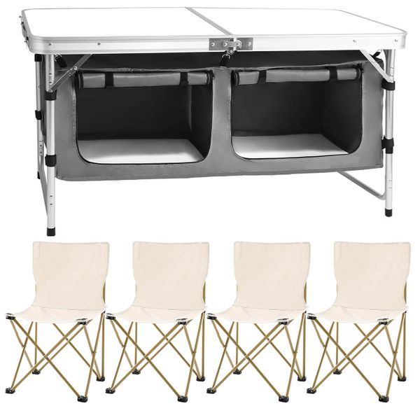Double Camping Folding Aluminum Table with 4 Picnic Chairs Outdoor Cupboard