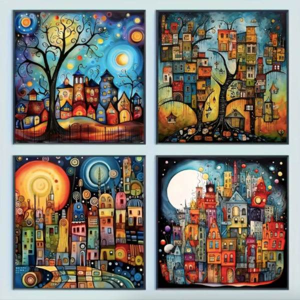 4 Pack Diamond Painting Kit - Whimsical City &amp; Tree Art (20 × 20 cm Each)