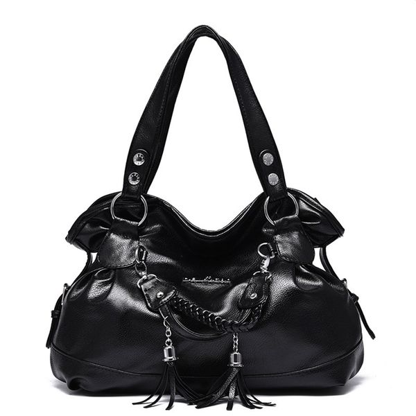 Women's Casual Soft Leather Satchel Handbag Shoulder Bag - Black