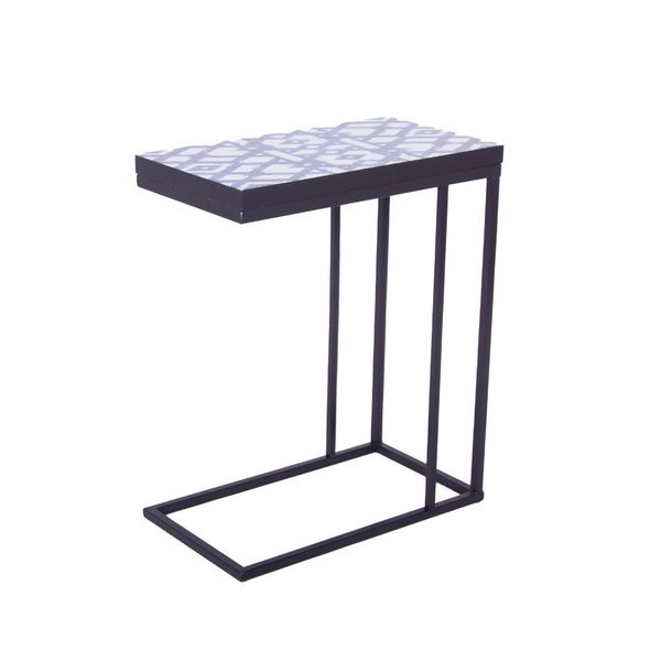 Couch Desk Side Table - Blue Geometric Pattern Top with Black Steel Legs