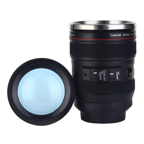 Stainless Steel Camera Lens Replica Thermal Travel Mug - Black