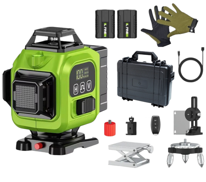 16 Line Laser Level Self Leveling 4D Green Cross Measuring Tool &amp; Gloves