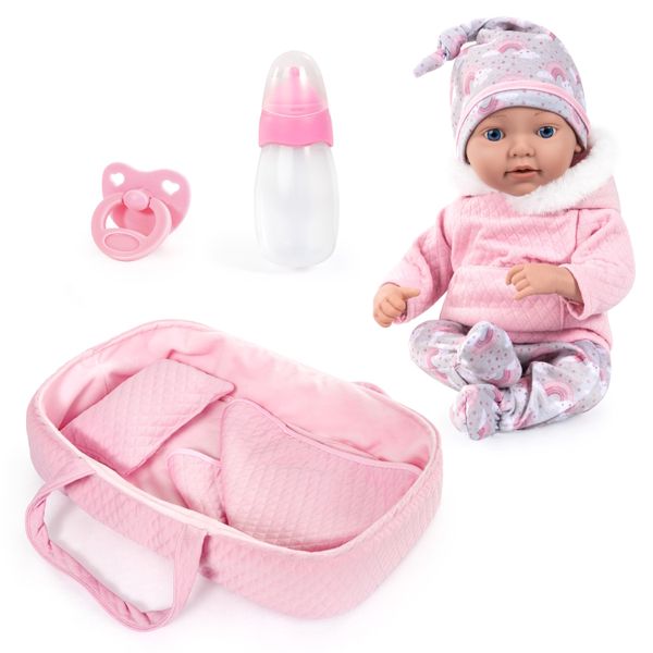 Bayer Reborn Baby Doll (Pink Hoodie/Rainbow) with accessories (38cm Tall)