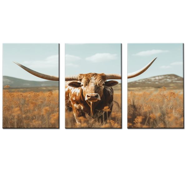 Canvas-Art- 3 Pieces Brown Longhorn Texas Cow Animals Wall Art
