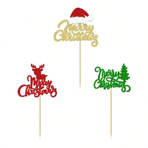 24-Piece Glitter "Merry Christmas" Cupcake Toppers - Multicolor