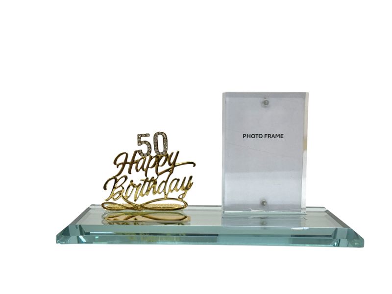 Diamante Gold 50 on Happy Birthday 50th Key On Glass Mirror Base