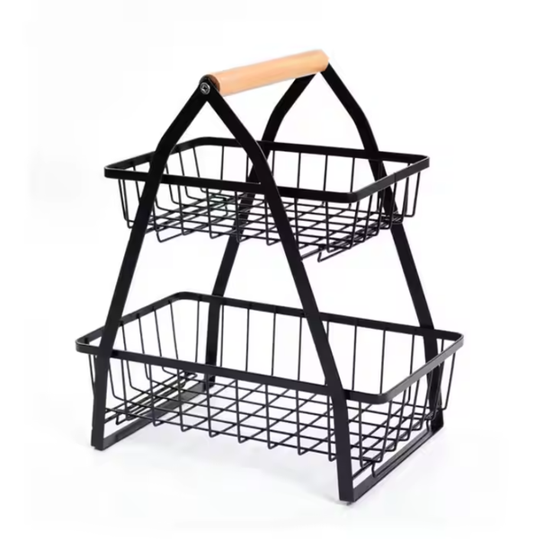 Stylish 2-Tier Wire Basket with Wooden Handle - Perfect for Home &amp; Kitchen
