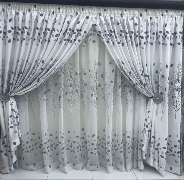 Striped Design Flower Leave Curtain with Lace