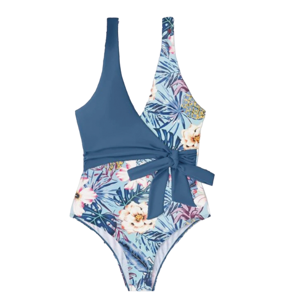 Tropical Print One Piece Swimsuit - Blue
