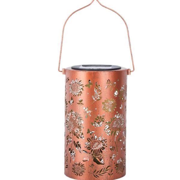 Solar Powered Hanging Lantern, Vintage Copper Sunflower Butterfly Hollow