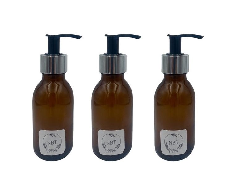 NBT Naturals-Empty Glass Bottle &amp;Silver &amp; Black Lotion Pump-Amber - 3 Pack