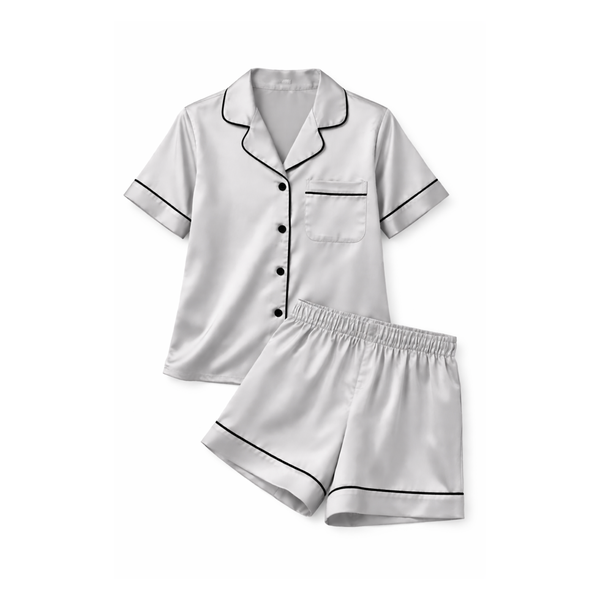 Light Grey Satin Short Sleeve Pyjama Set with Black Piping