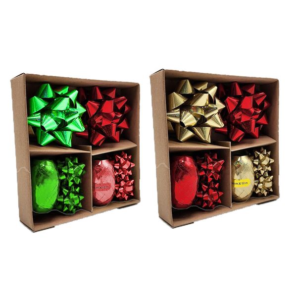 2 Christmas Gifting Ribbon and Bow 12 piece Set