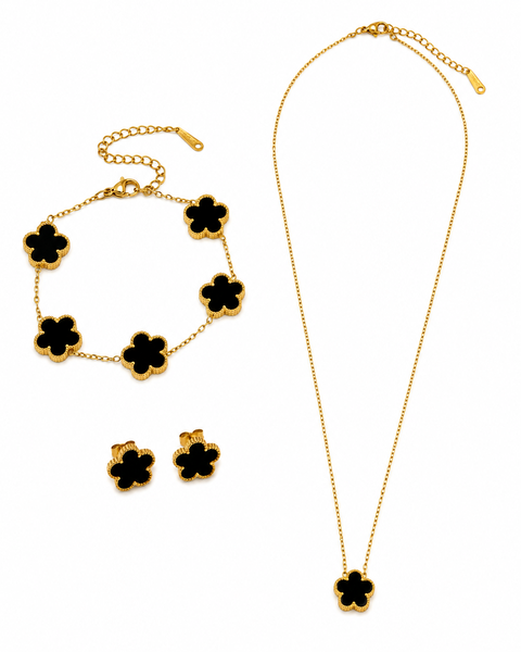 Five Leaf Clover Necklace, Bracelet, Earrings Jewelry Set - Black, Gold
