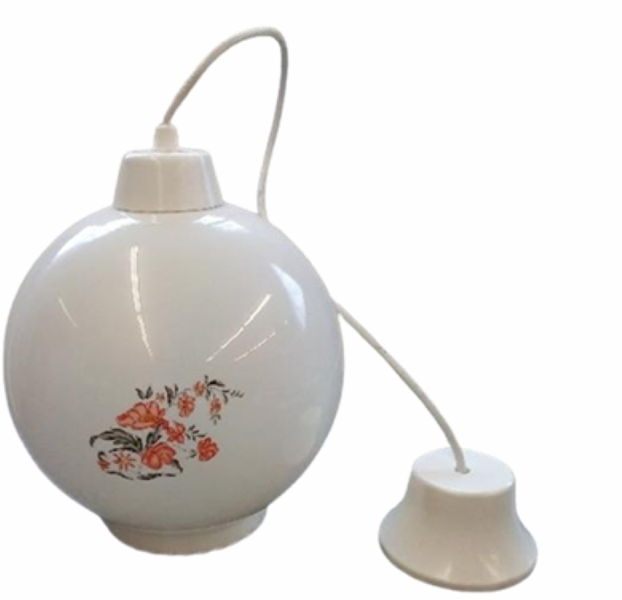 Scalloped White Glass Pendant with Flower Design