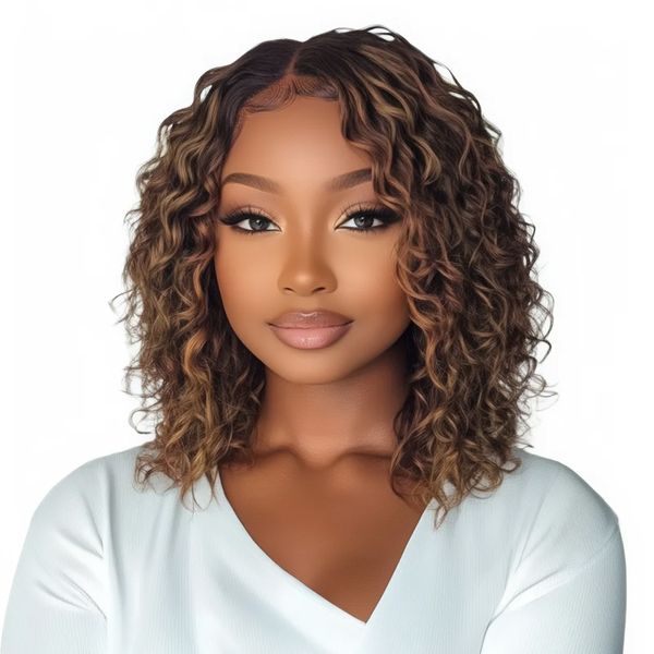 Geebuy 12In Brazilian Hair Highlight Piano Curly Bob-13x4 Full Frontal Wig