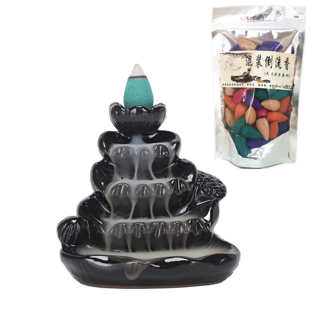 Back Flow Incense Burner Lotus Stand + 50 Floral Scented Backflow