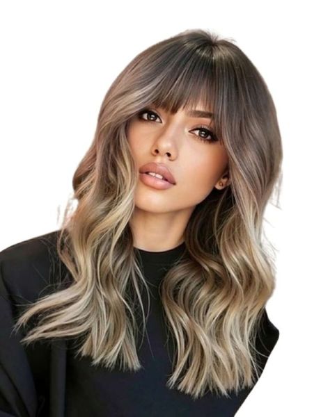 Ombre Brown Blond Curly Wavy Wig with Fringe