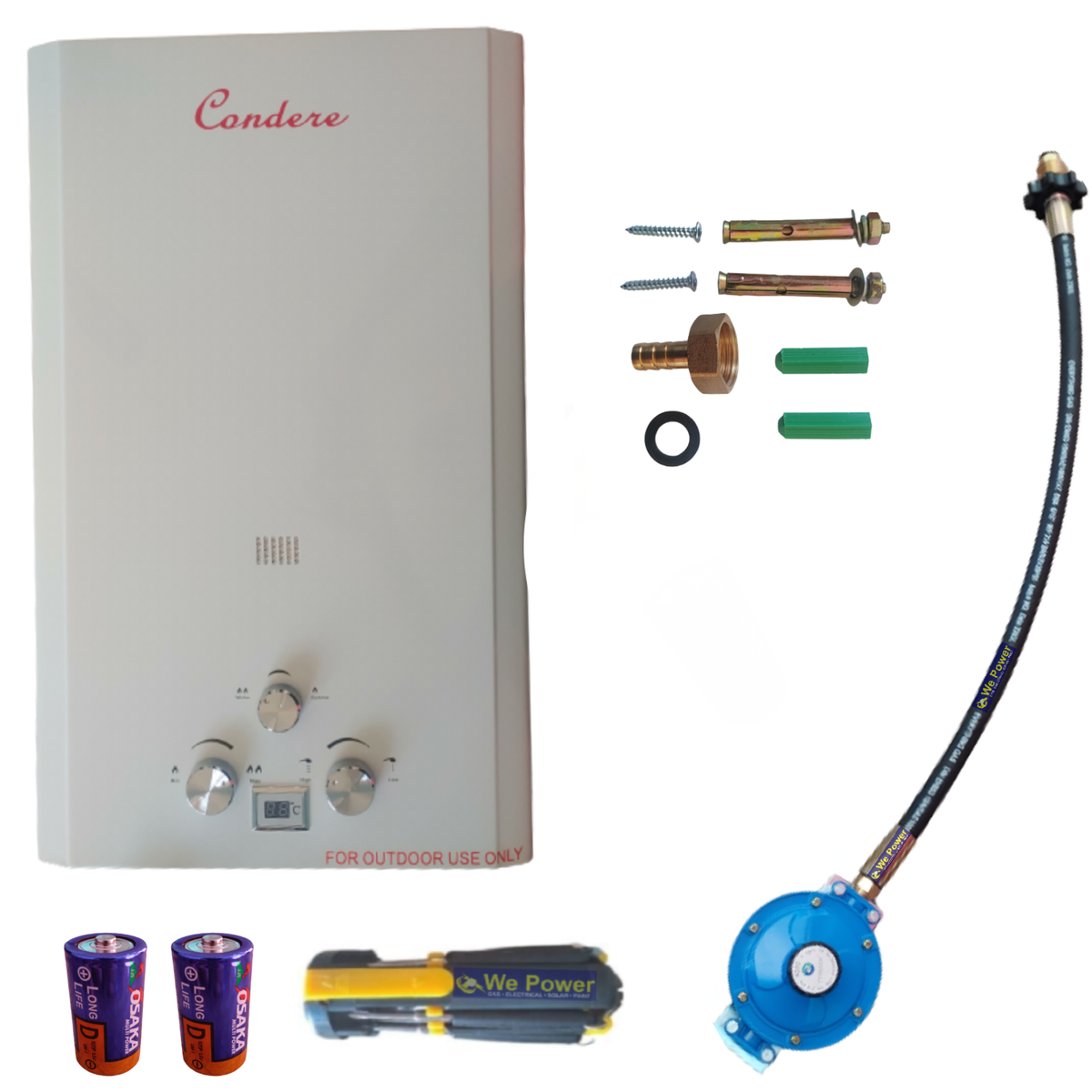 Gas Geyser 16L, Industrial Regulator With 2 Batteries & Free