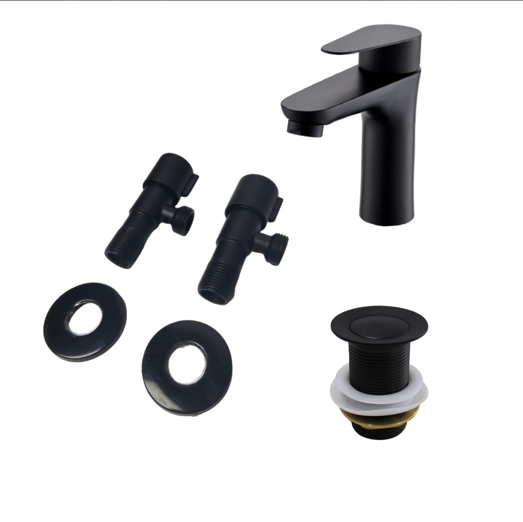 High End Basin Mixer & Waste Pop Up Set Angle Valves Included - Matte Black