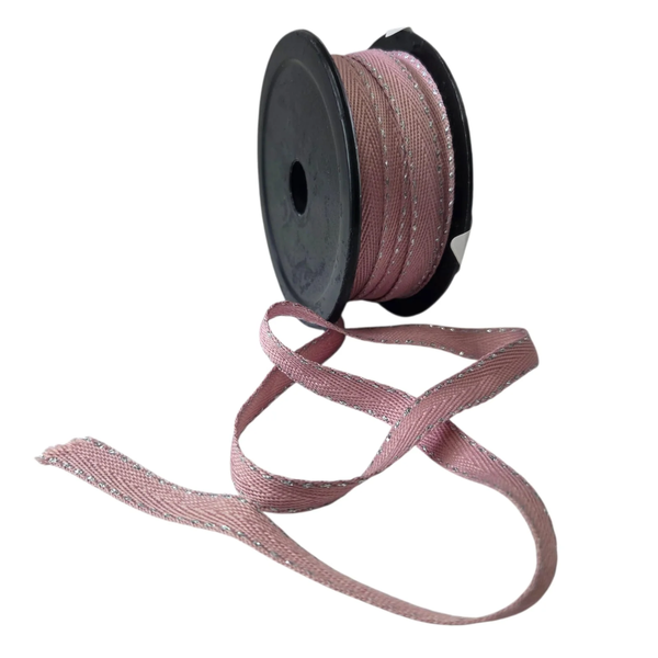 Cotton Ribbon Dusty Pink with Silver Lurex Side Stitch 10mm