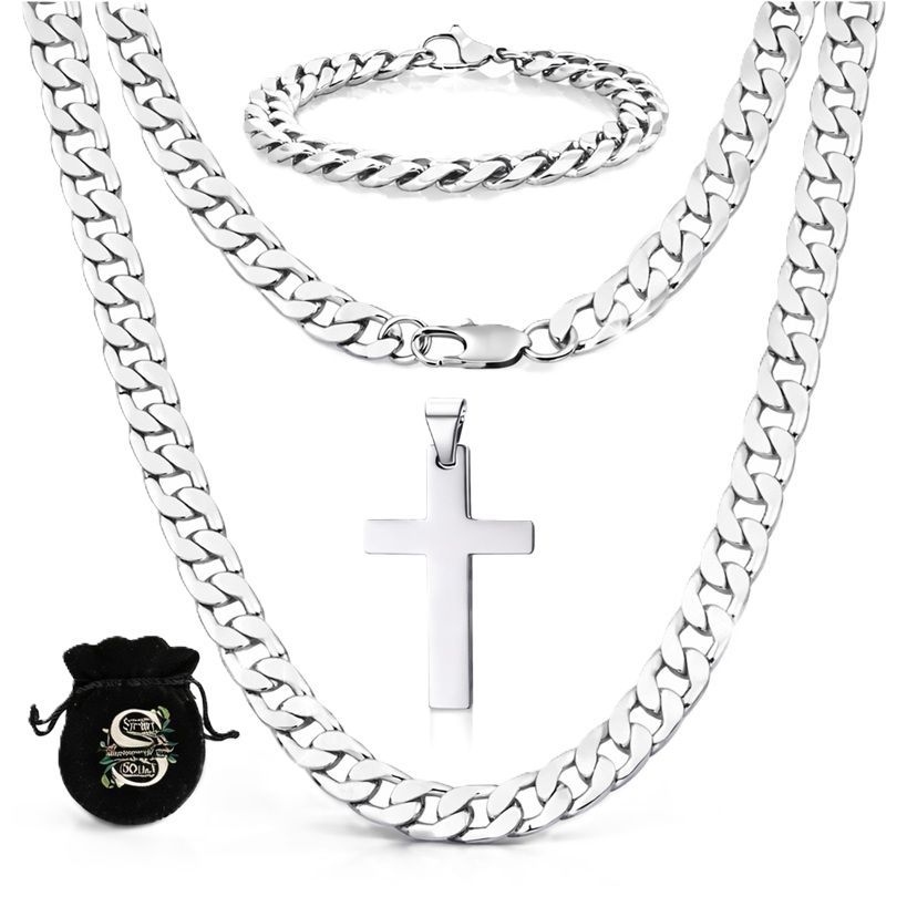 Solid Bulky Stainless Steel Cuban Men Necklace & Bracelet Set with
