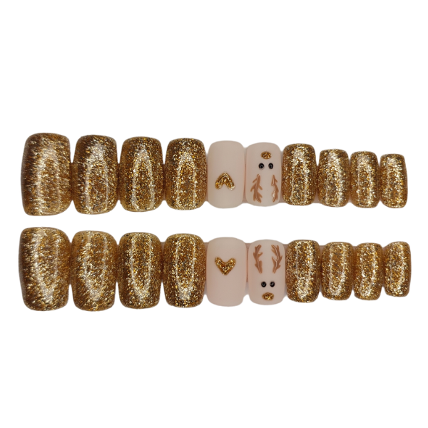 Luxury Press On Nails - Medium Square Gold Reindeer Set - 20 Piece