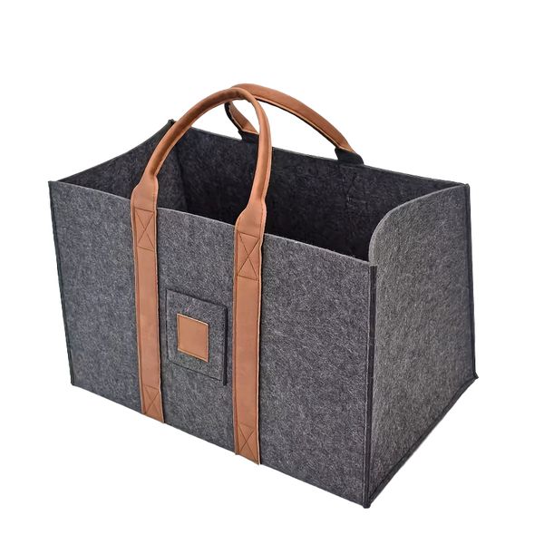 Foldable Fireplace Wood Felt Storage Bag With Rope Handles - Gery
