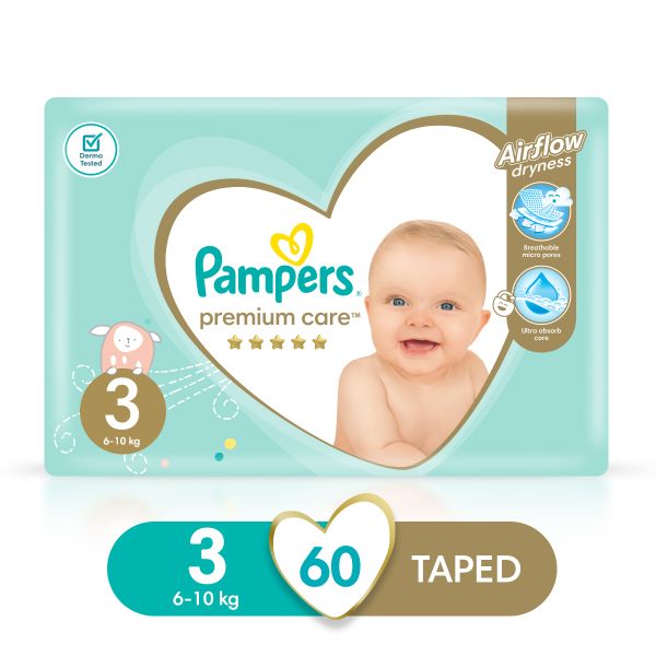 Pampers Premium Care Size 3 (6-11 kg) 60 Nappies, Airflow Skin Comfort